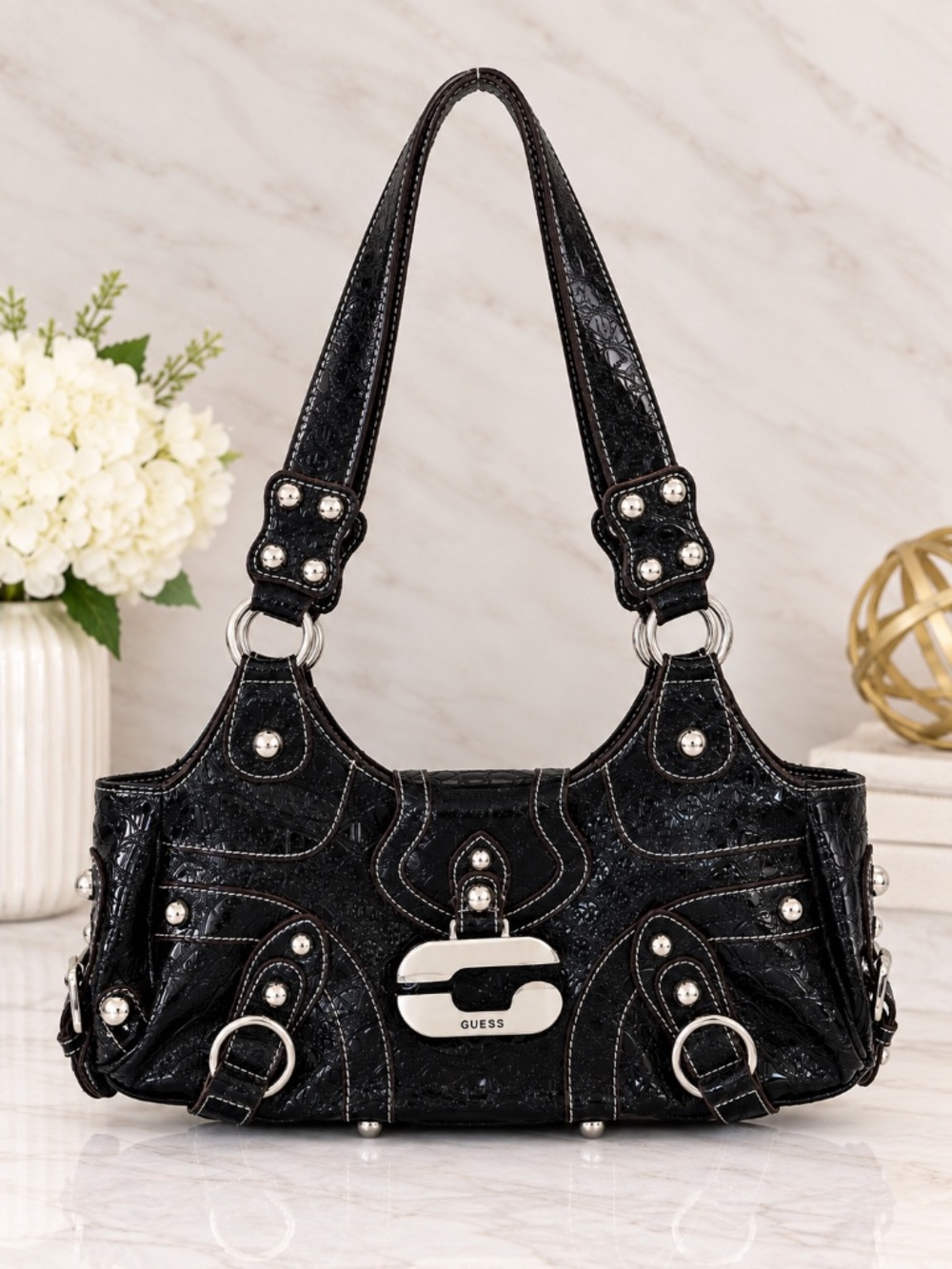 NWT GUESS SIENA VINTAGE Y2K HOBO SATCHEL BAG WITH TEXTURED OSTRICH FAUX LEATHER